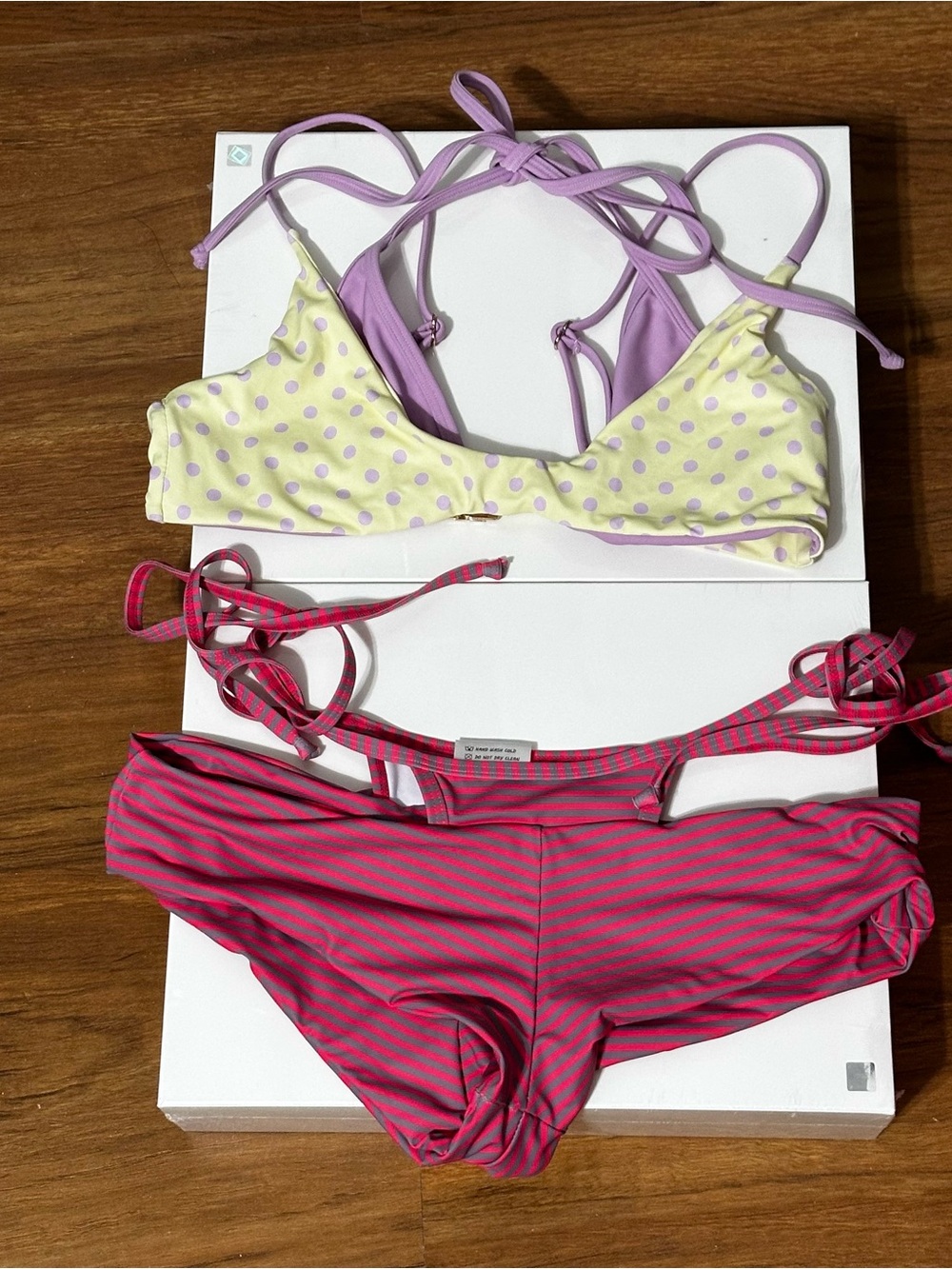 NWOT Reroute pink striped bikini bottom polka dot pastel yellow top SET size XS